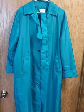 Vintage Aqua Sheen Emerald Green Long Lightweight Women's Trench Coat size M